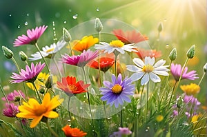 Bouquet of Assorted Vivid Wildflowers Occupying the Center of the Frame - Soft Focus Background of Abundance