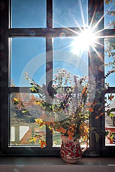 Bouquet Of Autumn Flowers And Leaves On The Window sill