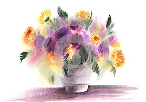 A bouquet of autumn flowers. Still life on a white background. Yellow and purple asters in a bucket. Hand-drawn