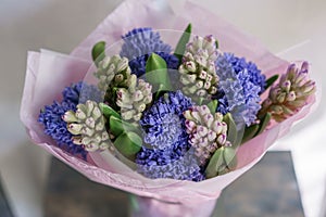 Bouquet of Beautiful blue and lilac hyacinths. Close-up spring flowers in vase. bulbous plant. Floral wallpaper