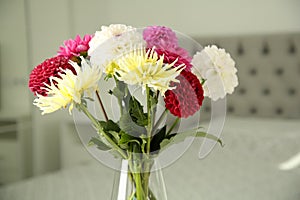 Bouquet of beautiful Dahlia flowers in vase at home, closeup