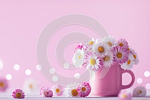 Bouquet of beautiful English daisy flowers in pink cup against sparkle background. Summer still life with little chamomile.