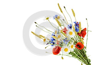 Bouquet of beautiful flowers Cornflowers, chamomiles wheat and