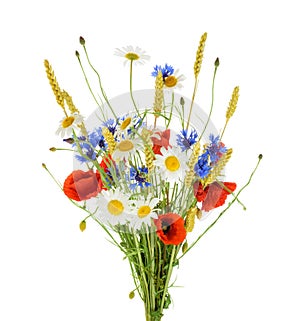 Bouquet of beautiful flowers Cornflowers, chamomiles wheat and photo