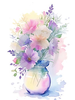 Bouquet of beautiful flowers in a glass vase isolated on white, watercolor retro style flower background