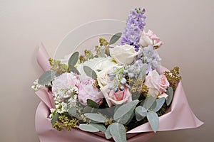 Bouquet of beautiful flowers in pastel colors. The concept of holidays and gifts. Wedding, Valentine`s Day.