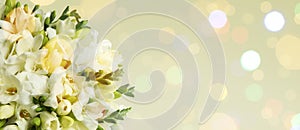 Bouquet of beautiful freesia flowers on light background, space for text. Banner design