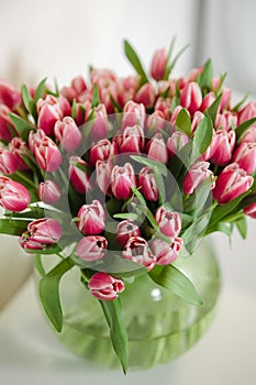 Bouquet with beautiful fresh flowers. Lot of tulips in vase with water