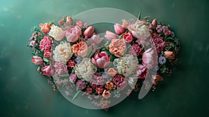 Bouquet beautiful fresh multi colored flowers, roses, tulips the shape heart pastel blue background