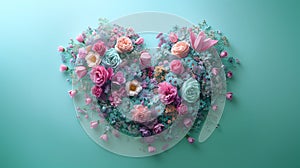 Bouquet beautiful fresh multi colored flowers, roses, tulips the shape heart pastel blue background
