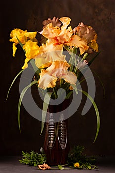 Bouquet of beautiful irises in an old glass vase