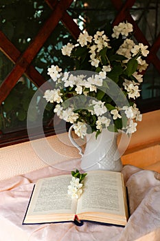 Bouquet of beautiful jasmine flowers in vase and open book on fabric