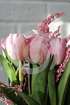 Bouquet of beautiful pink tulips in early spring as a postcard or picture with nice flowers