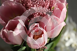 Bouquet of beautiful pink tulips in early spring as a postcard or picture with nice flowers