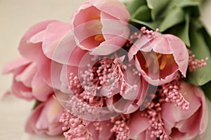 Bouquet of beautiful pink tulips in early spring as a postcard or picture with nice flowers