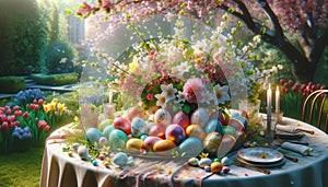 bouquet of beautiful spring flowers and eggs . Spring Easter concepts