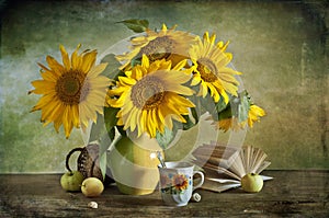 Bouquet of beautiful sunflowers in a vase