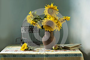 Bouquet of beautiful sunflowers in a vase