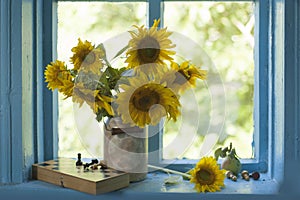 Bouquet of beautiful sunflowers in a vase