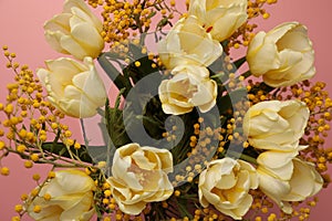 Bouquet with beautiful tulips and mimosa flowers on pink background, closeup