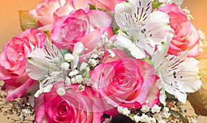 A bouquet of beautiful wedding flowers, pink roses. close up