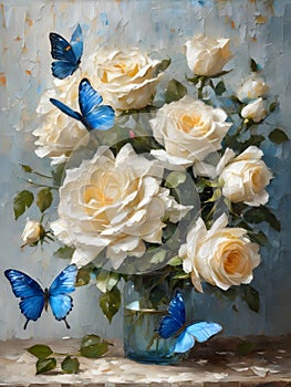 a bouquet of beige roses in a vase and blue tropical butterflies morpho painted with oil paints. still life with roses