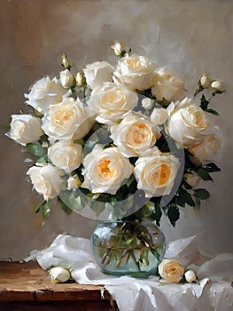 a bouquet of beige roses in a vase painted with oil paints. still life with roses