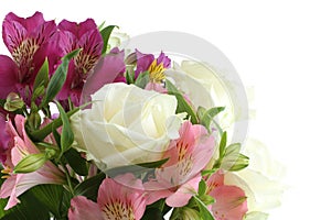 Bouquet of big white roses, pink and lilac alstroemeria flowers isolated on white background.