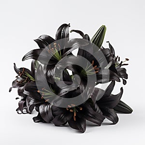 Bouquet of black lilies, beautiful unusual flowers, mourning, gothic, on white