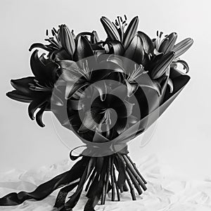 Bouquet of black lilies, beautiful unusual flowers, mourning, gothic, on white,