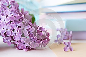 Bouquet of blooming lilac flowers in a glass vase, books, school supplies