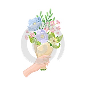 Bouquet of Blossoming Flowers in Craft Paper Wrapping Clutched in Hand Vector Illustration