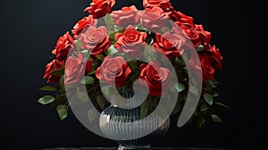 Bouquet of blossoming red roses in vase. Generative AI