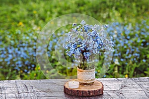 Bouquet of blue blossom wild flowers Myosotis also known as Forget me not.