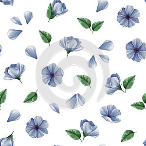 Bouquet of blue flowers with green leaf seamless pattern. Leaves, petals, buds isolated on white background. Natural wallpaper. Sp