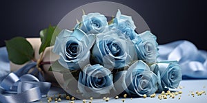 A bouquet of blue roses and a box with a gift, holiday or birthday theme. Generative AI