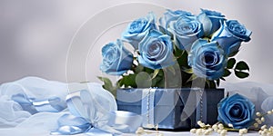 A bouquet of blue roses and a box with a gift, holiday or birthday theme. Generative AI