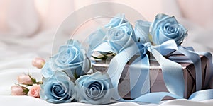 A bouquet of blue roses and a box with a gift, holiday or birthday theme. Generative AI