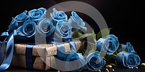 A bouquet of blue roses and a box with a gift, holiday or birthday theme. Generative AI