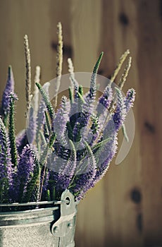 Bouquet of blue wild summer flowers in a metal bucket on a white background