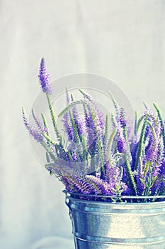 Bouquet of blue wild summer flowers in a metal bucket