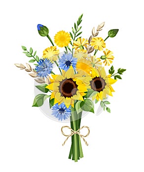 Bouquet of blue and yellow sunflowers, cornflowers, dandelions, and ears of wheat. Vector illustration