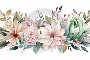 Bouquet border green leaves and blush pink flowers on white background, watercolor hand painted seamless border, floral illustrati