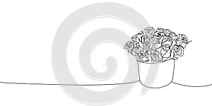 Bouquet in a box continuous line drawing. One line art of decoration, flowers, tea roses, garden flowers, bouquet, floristry,