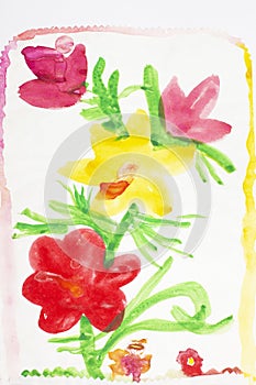 Bouquet of bright flowers. Real drawing of a small child. Drawing by watercolor.