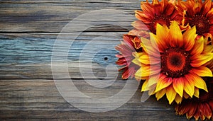 Bouquet of bright orange and yellow sunflowers on wooden background