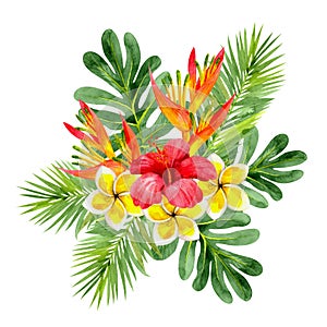 Bouquet of bright tropical flowers and leaves painted in watercolor.