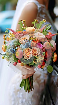 Bouquet brilliance The brides hand with a vibrant wedding bouquet