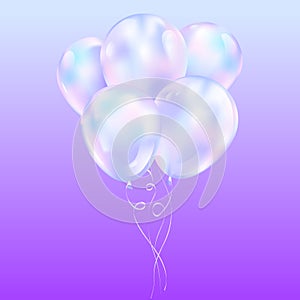 Bouquet bunch of realistic holographic rainbow ballons with highlights. Vector illustration.Decoration element design