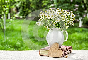 Bouquet of chamomiles in vase. Bunch of daisies and wooden heart. Natural garden background.